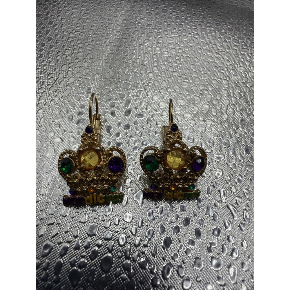 “Mardi Gras” Gold Tone Crown Earrings With Rhinestones